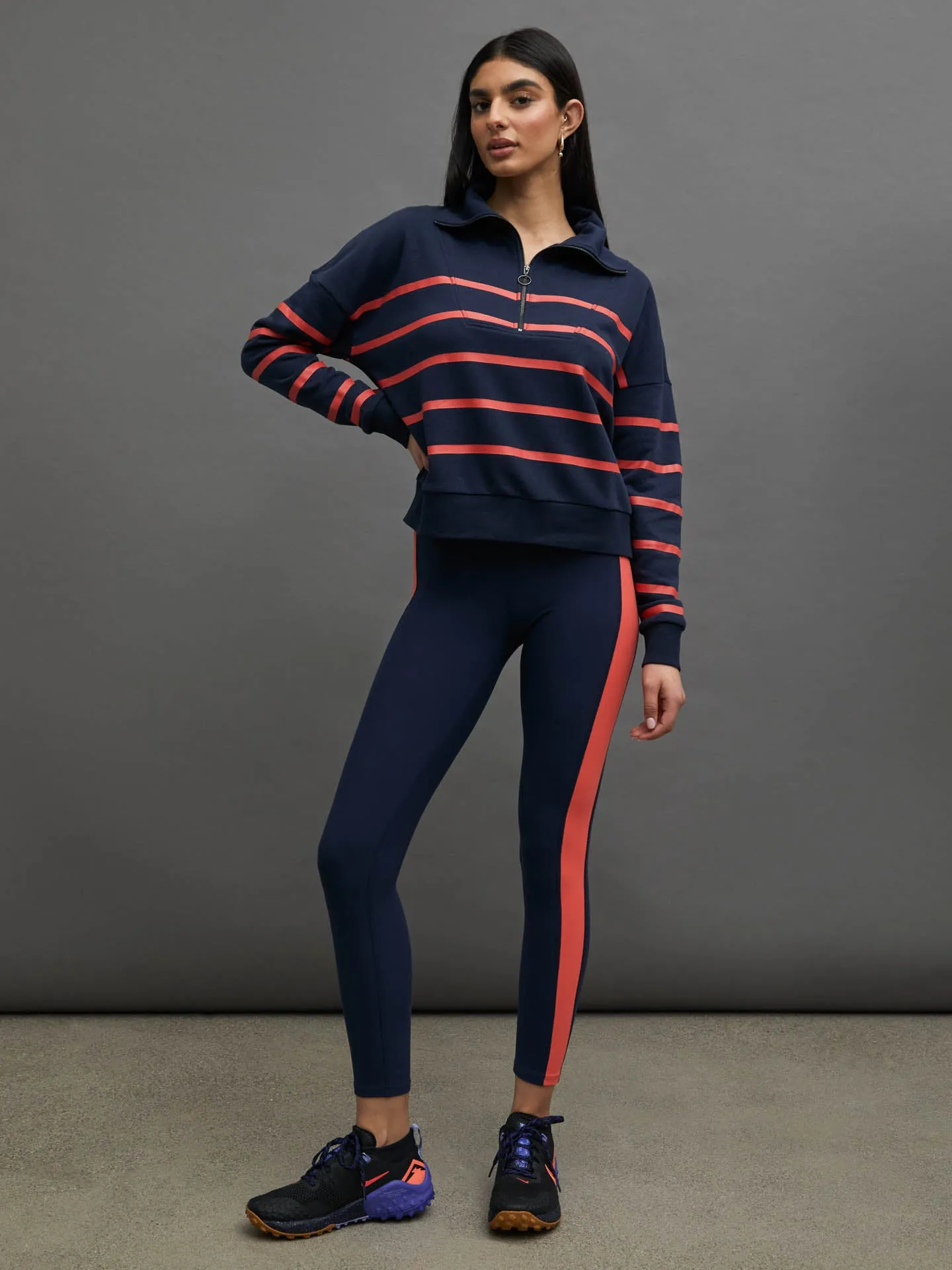 BRETON STRIPE FRENCH TERRY 1/2 ZIP -  NAVY/ CAYENNE