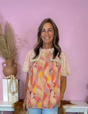 Go With The Flow Mauve Mix Mock Neck Short Puff Sleeve Blouse