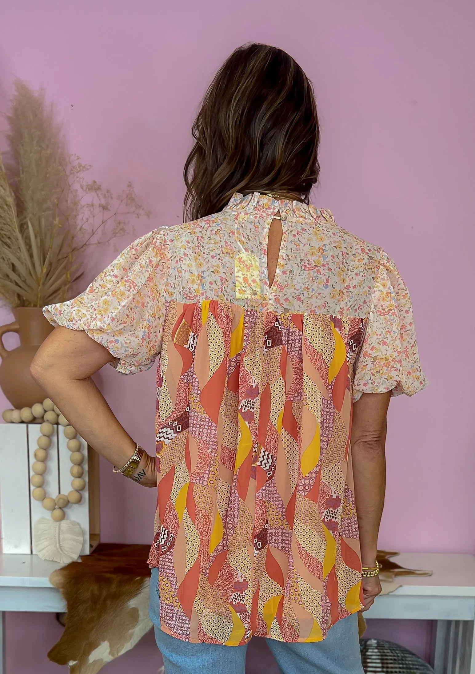 Go With The Flow Mauve Mix Mock Neck Short Puff Sleeve Blouse