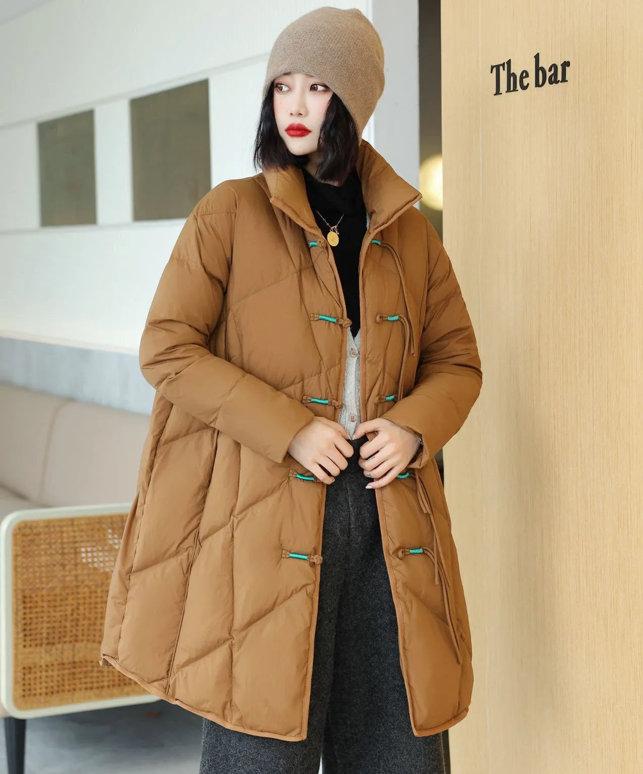 Knee Length Stand Collar Chinese Style Women's Down Coat with Strap Buttons