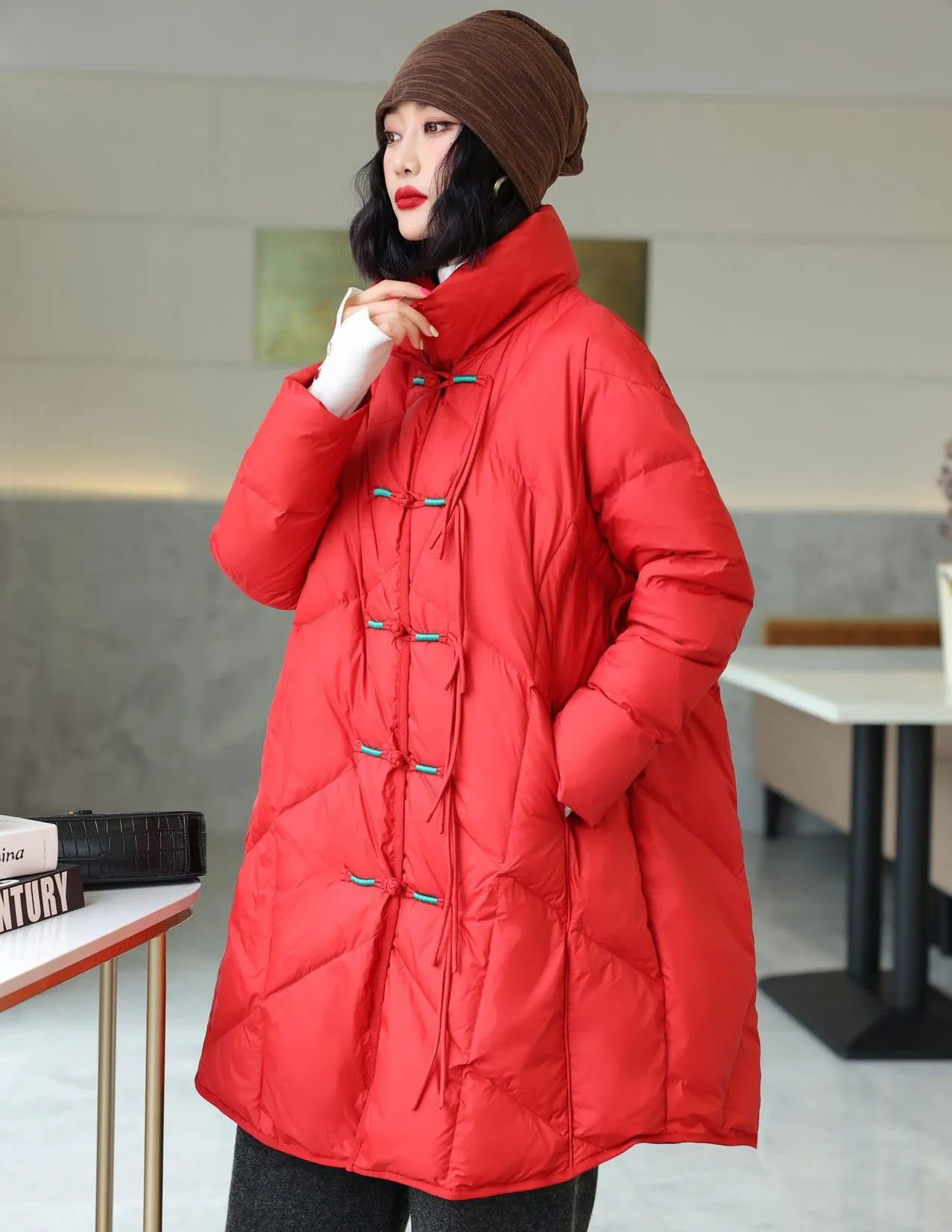Knee Length Stand Collar Chinese Style Women's Down Coat with Strap Buttons