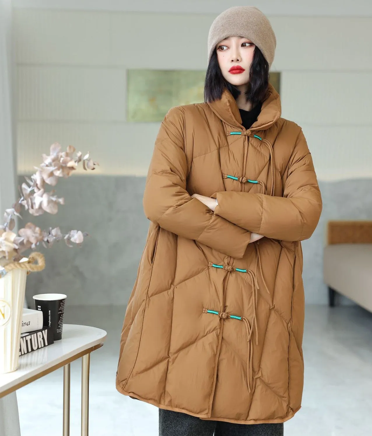 Knee Length Stand Collar Chinese Style Women's Down Coat with Strap Buttons