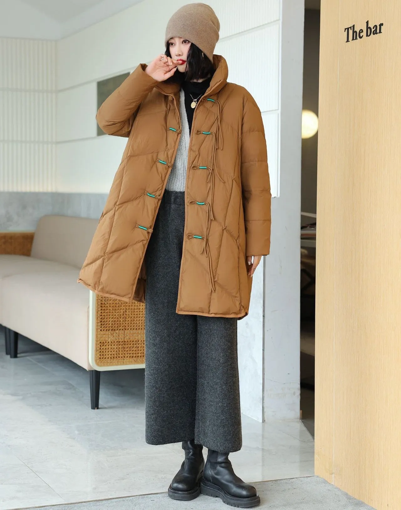 Knee Length Stand Collar Chinese Style Women's Down Coat with Strap Buttons