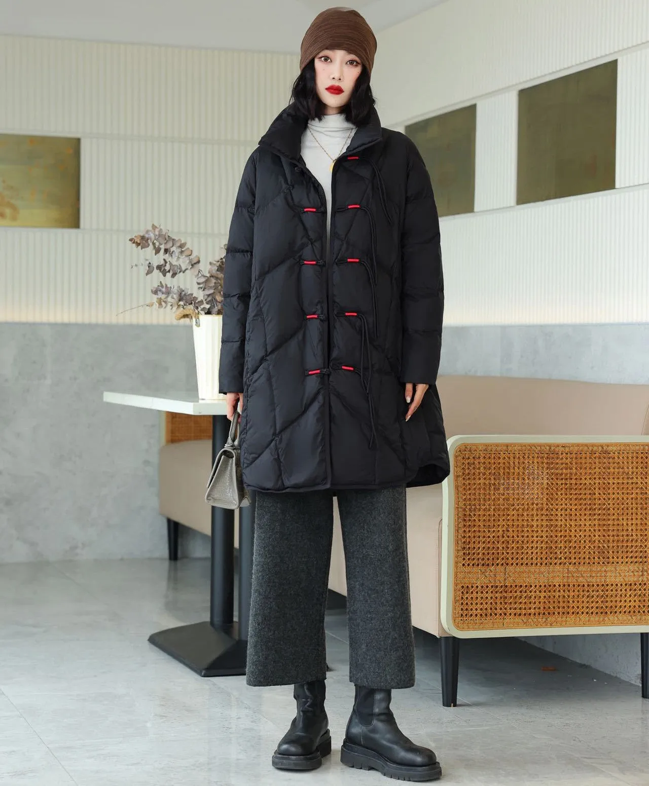 Knee Length Stand Collar Chinese Style Women's Down Coat with Strap Buttons