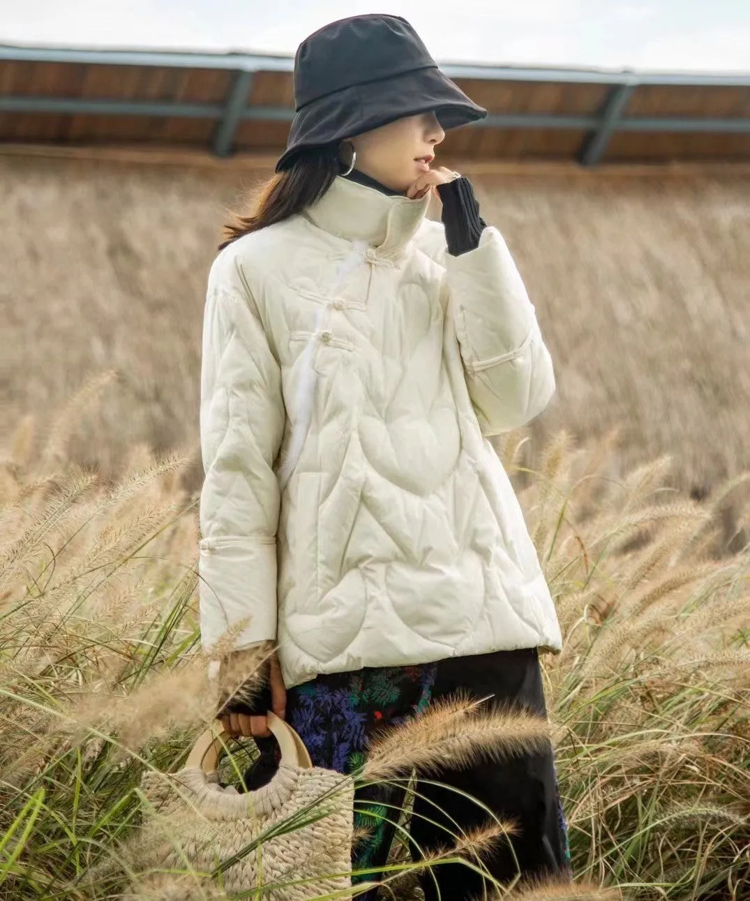 Stand Collar Chinese Style Women's Down Coat with Fur Edge & Strap Buttons